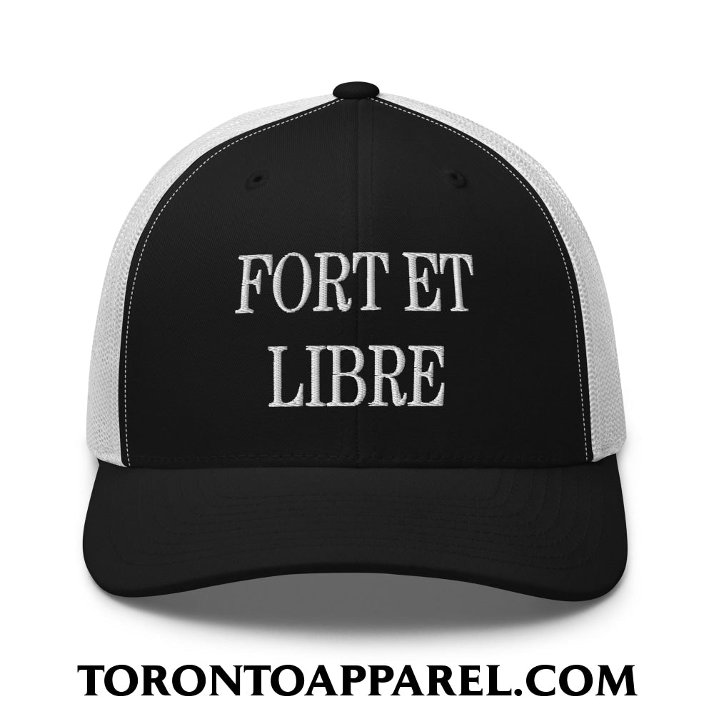 Fort et Libre Canada Strong and Free Embroidered Retro Mesh Trucker Hat - Black/ White - Toronto Apparel