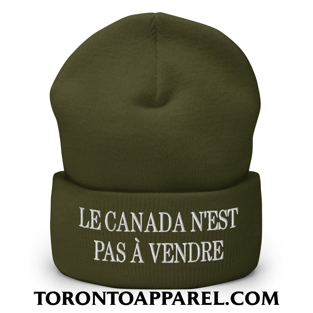 Le Canada N’est Pas À Vendre Embroidered Cuffed Knit Beanie - Olive - Toronto Apparel