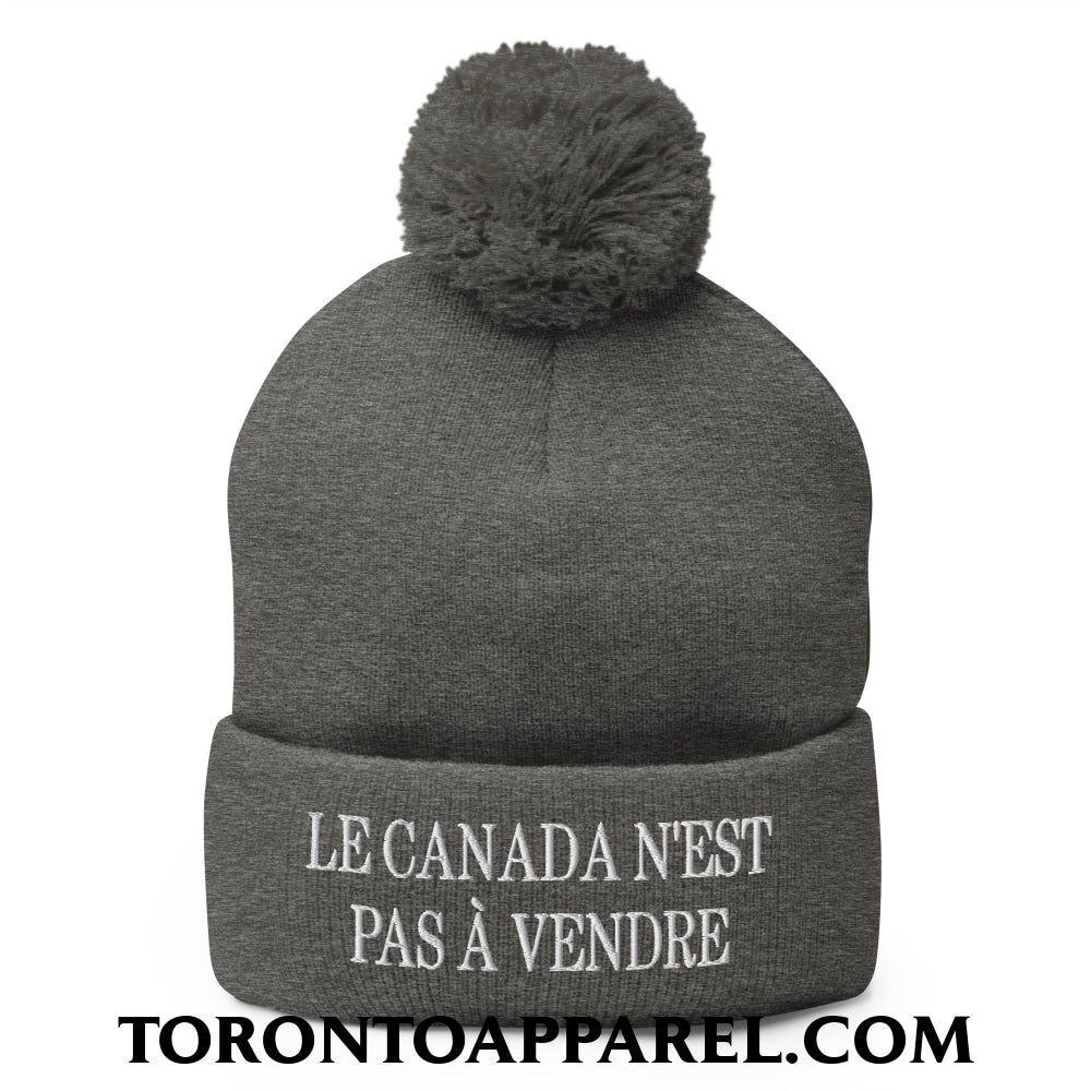 Le Canada N’est Pas À Vendre Embroidered Pom Pom Knit Beanie - Dark Heather Grey - Toronto Apparel