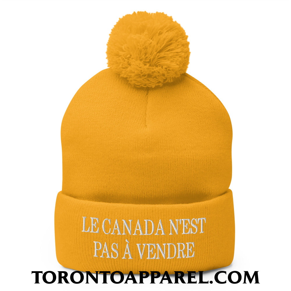 Le Canada N’est Pas À Vendre Embroidered Pom Pom Knit Beanie - Gold - Toronto Apparel