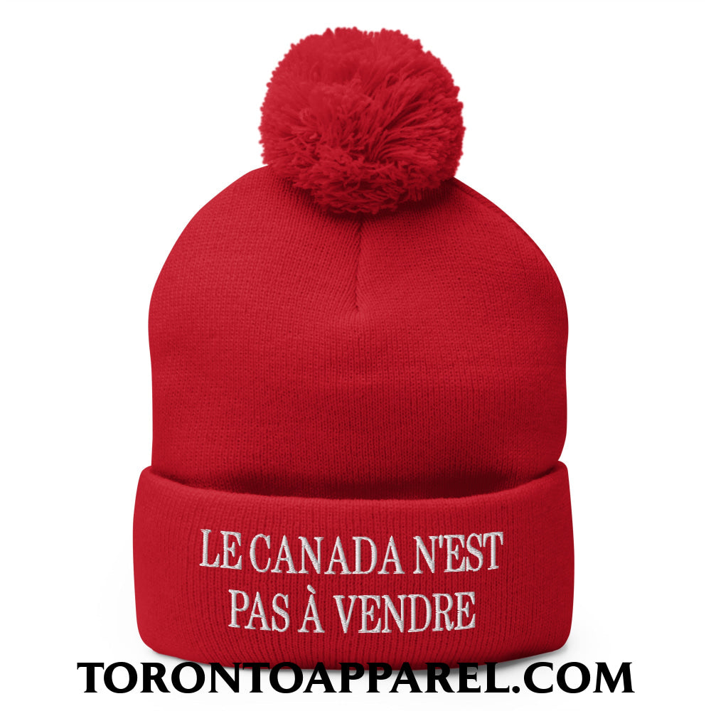 Le Canada N’est Pas À Vendre Embroidered Pom Pom Knit Beanie - Red - Toronto Apparel