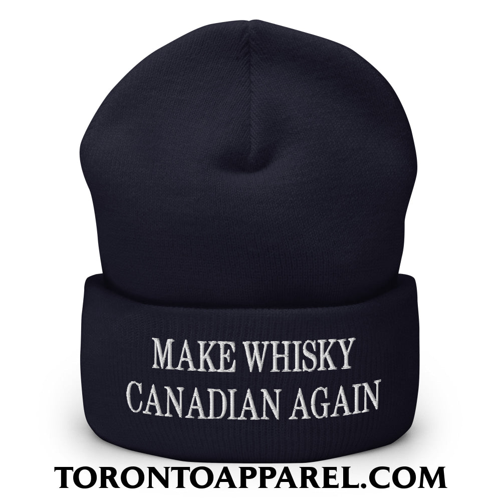 Make Whisky Canadian Again Embroidered Cuffed Knit Beanie - Navy - Toronto Apparel