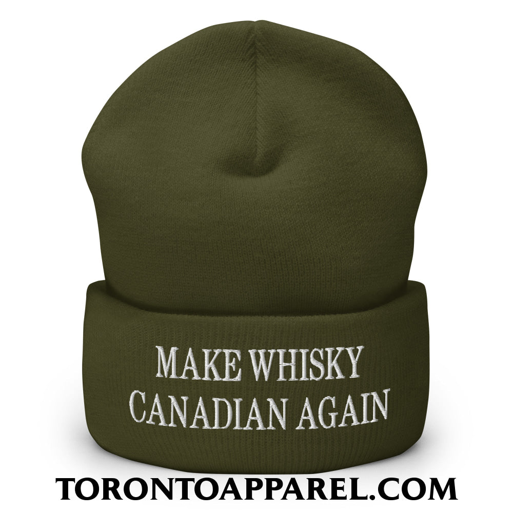 Make Whisky Canadian Again Embroidered Cuffed Knit Beanie - Olive - Toronto Apparel