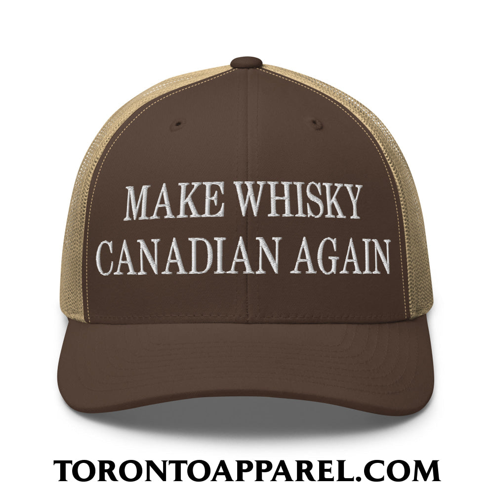 Make Whisky Canadian Again Embroidered Mesh Trucker Hat - Brown/ Khaki - Toronto Apparel
