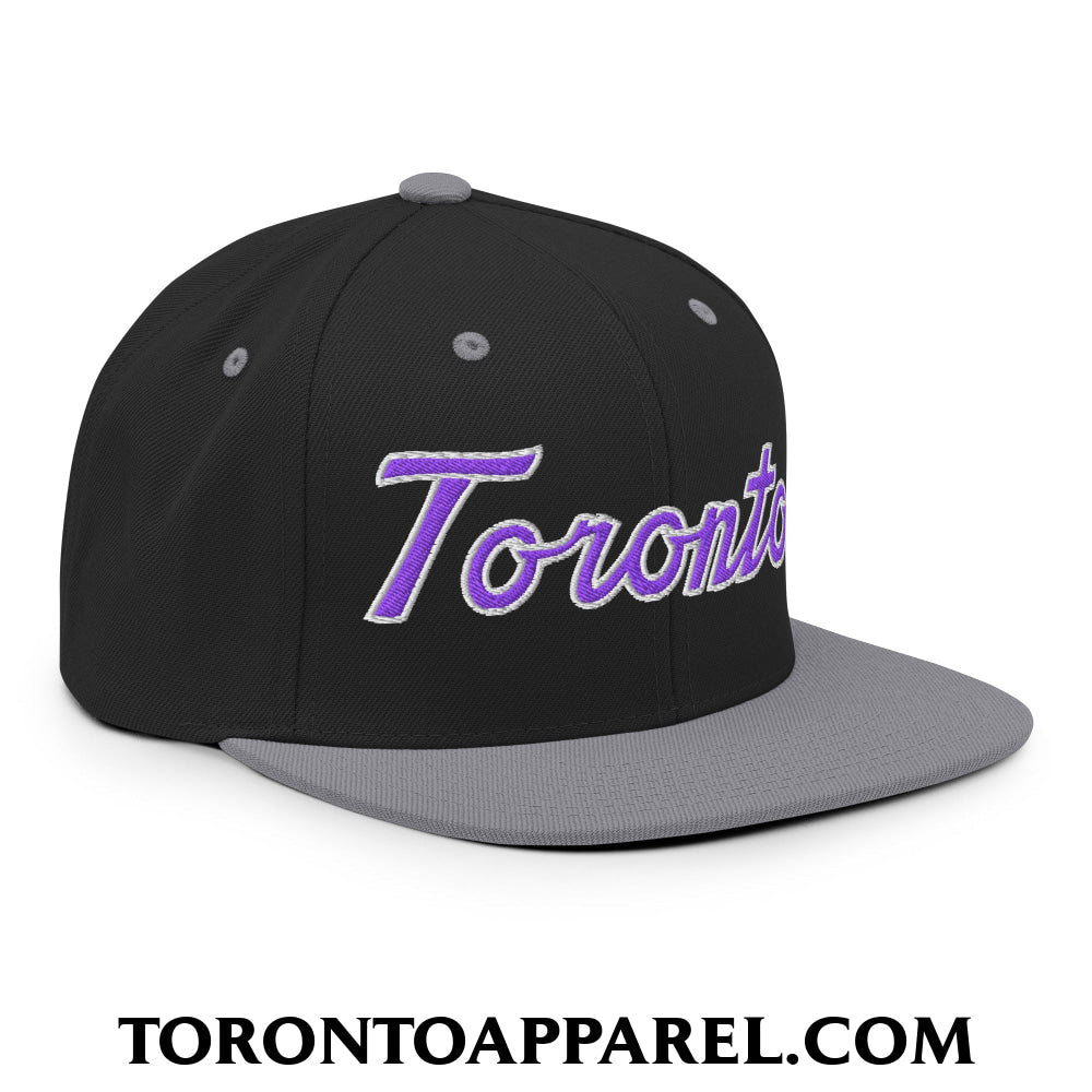 Toronto Basketball Classic Sports Script Embroidered Flat Brim Bill Snapback Hat Purple / White - Toronto Apparel