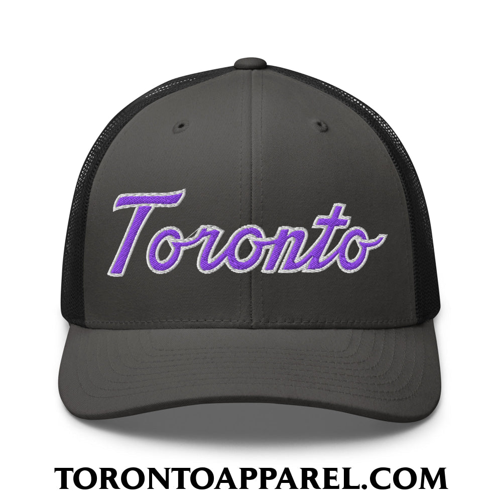 Toronto Basketball Classic Sports Script Embroidered Mesh Trucker Hat Purple / White - Charcoal/ Black - Toronto Apparel