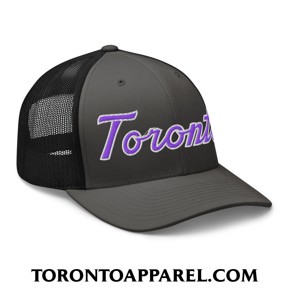 Toronto Basketball Classic Sports Script Embroidered Mesh Trucker Hat Purple / White - Toronto Apparel