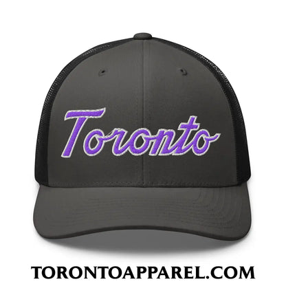 Toronto Basketball Classic Sports Script Embroidered Mesh Trucker Hat Purple / White - Charcoal/ Black - Toronto Apparel