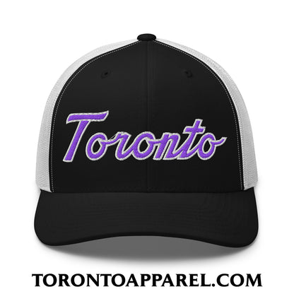 Toronto Basketball Classic Sports Script Embroidered Mesh Trucker Hat Purple / White - Black/ White - Toronto Apparel