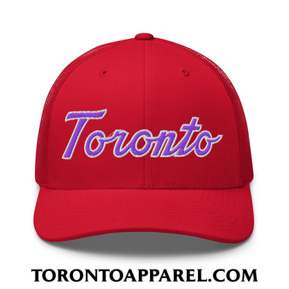 Toronto Basketball Classic Sports Script Embroidered Mesh Trucker Hat Purple / White - Red - Toronto Apparel