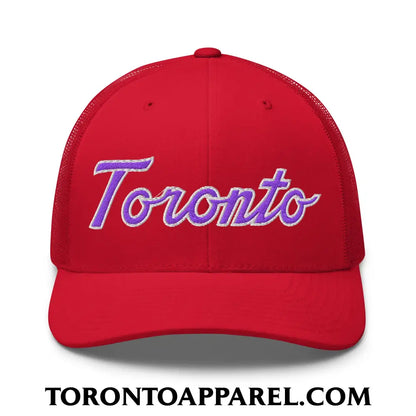 Toronto Basketball Classic Sports Script Embroidered Mesh Trucker Hat Purple / White - Red - Toronto Apparel