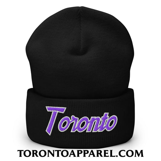 Toronto Basketball Vintage Sports Script Embroidered Cuffed Knit Beanie Purple / White - Black - Toronto Apparel