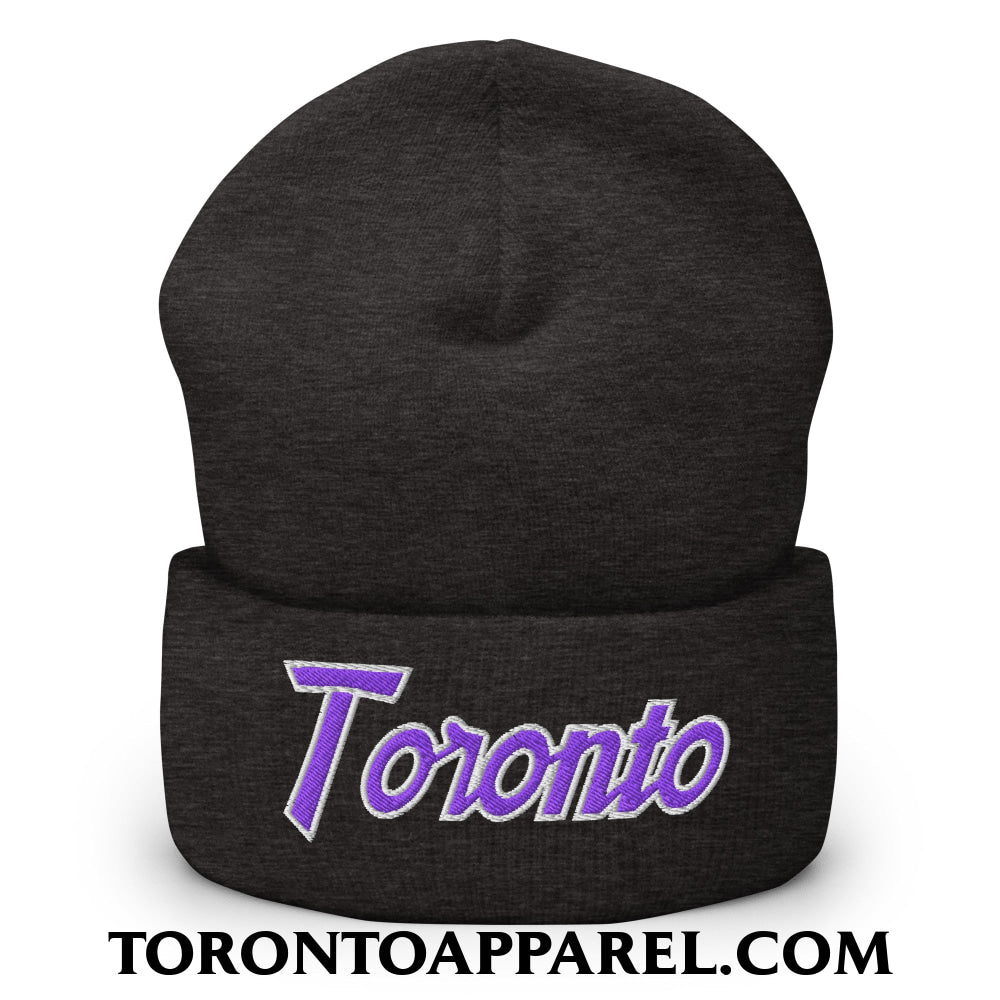 Toronto Basketball Vintage Sports Script Embroidered Cuffed Knit Beanie Purple / White - Dark Grey - Toronto Apparel