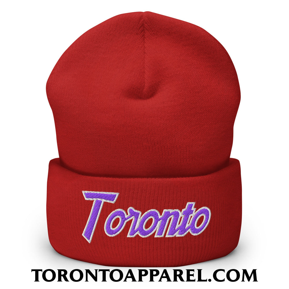 Toronto Basketball Vintage Sports Script Embroidered Cuffed Knit Beanie Purple / White - Red - Toronto Apparel