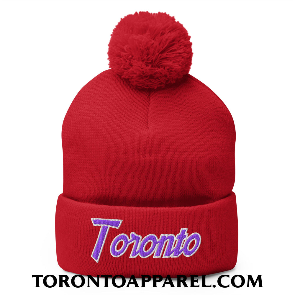 Toronto Basketball Vintage Sports Script Embroidered Pom Pom Knit Beanie Purple / White - Red - Toronto Apparel