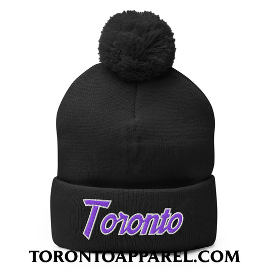 Toronto Basketball Vintage Sports Script Embroidered Pom Pom Knit Beanie Purple / White - Black - Toronto Apparel