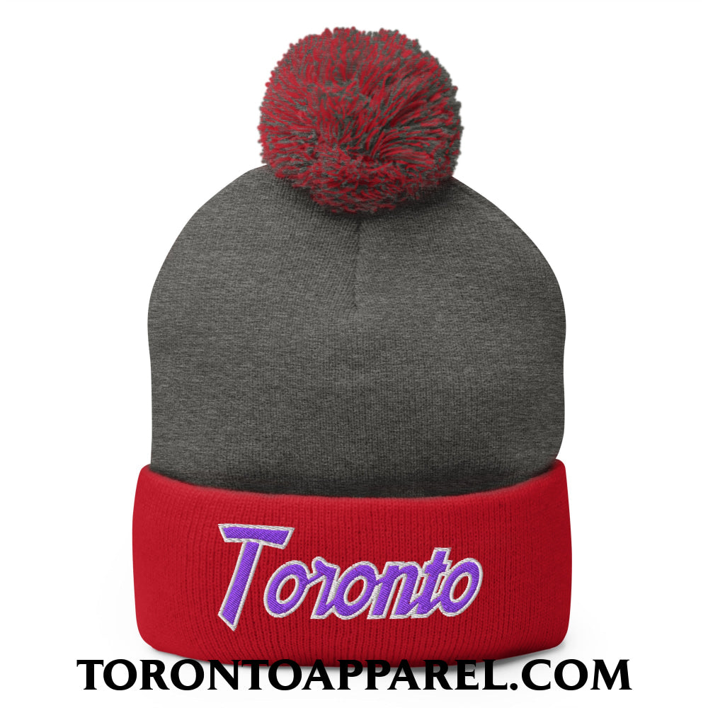 Toronto Basketball Vintage Sports Script Embroidered Pom Pom Knit Beanie Purple / White - Dark Heather Grey/ Red - Toronto Apparel