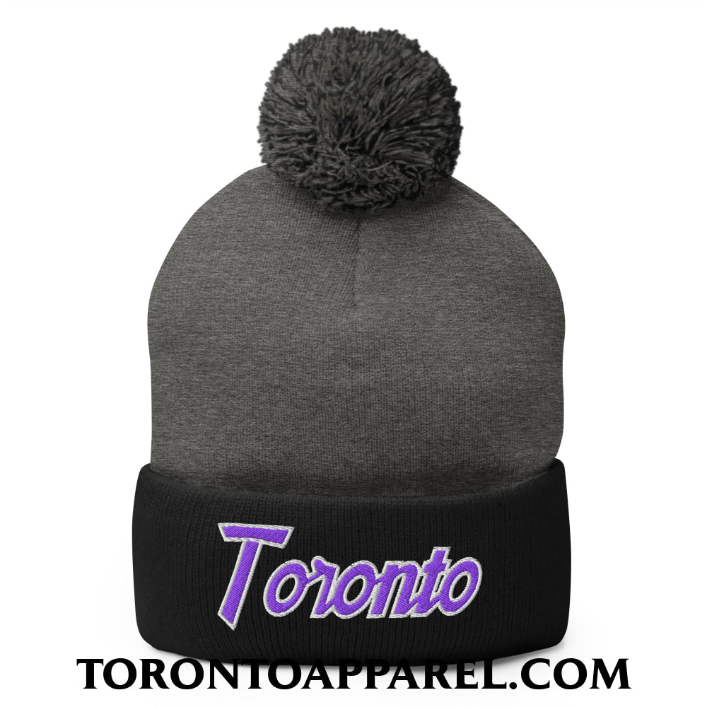 Toronto Basketball Vintage Sports Script Embroidered Pom Pom Knit Beanie Purple / White - Dark Heather Grey/ Black - Toronto Apparel