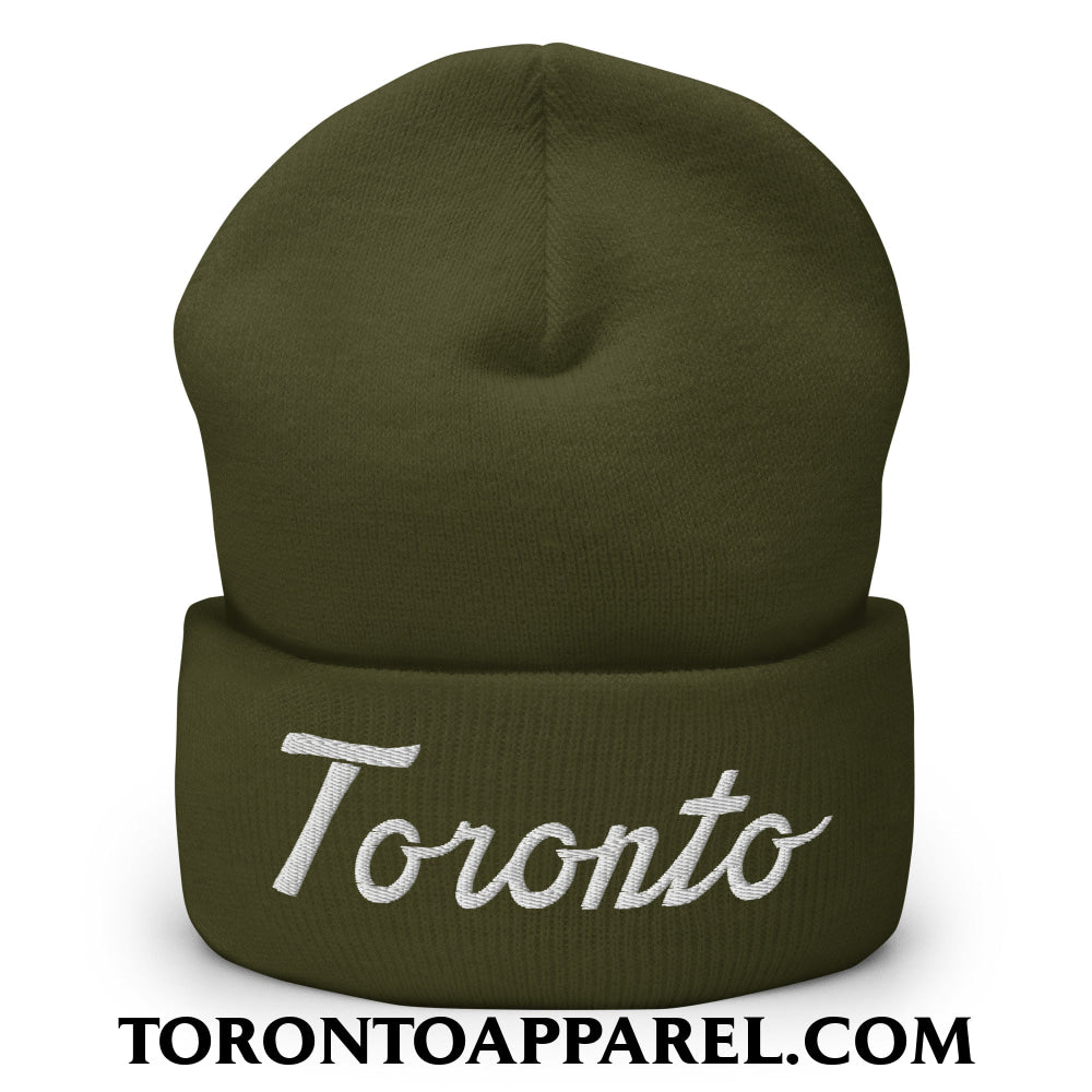 Toronto Classic Sports Script Embroidered Cuffed Knit Beanie - Olive - Toronto Apparel