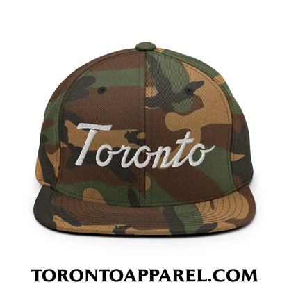 Toronto Classic Sports Script Embroidered Flat Brim Bill Snapback Hat - Green Camo - Toronto Apparel