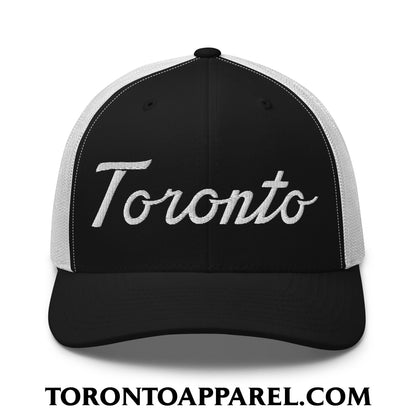 Toronto Classic Sports Script Embroidered Mesh Trucker Hat - Black/ White - Toronto Apparel