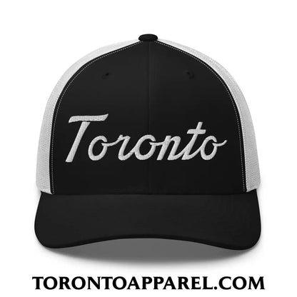 Toronto Classic Sports Script Embroidered Mesh Trucker Hat - Black/ White - Toronto Apparel