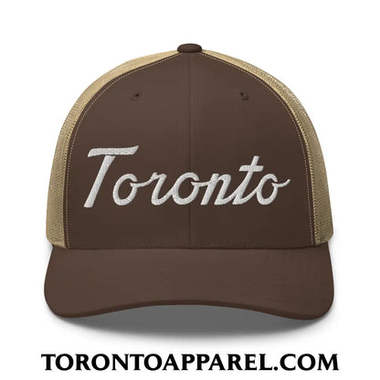 Toronto Classic Sports Script Embroidered Mesh Trucker Hat - Brown/ Khaki - Toronto Apparel