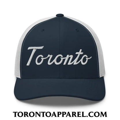 Toronto Classic Sports Script Embroidered Mesh Trucker Hat - Navy/ White - Toronto Apparel