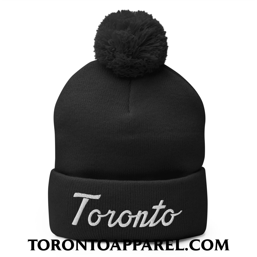 Toronto Classic Sports Script Embroidered Pom Pom Knit Beanie - Black - Toronto Apparel