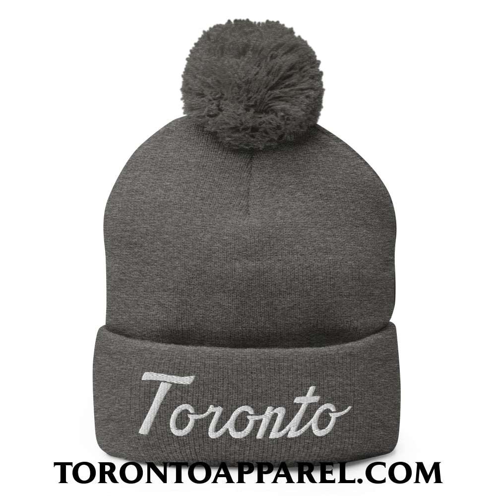 Toronto Classic Sports Script Embroidered Pom Pom Knit Beanie - Dark Heather Grey - Toronto Apparel