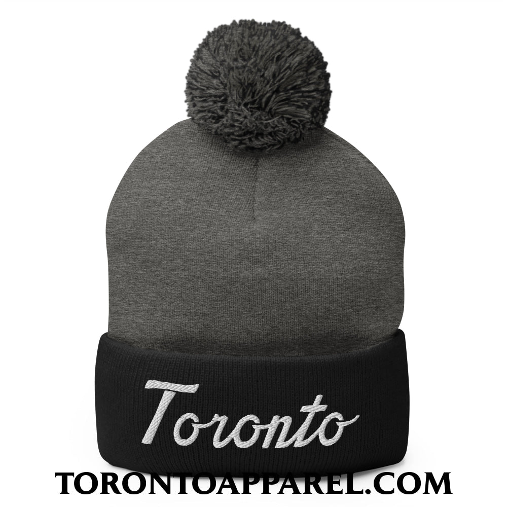 Toronto Classic Sports Script Embroidered Pom Pom Knit Beanie - Dark Heather Grey/ Black - Toronto Apparel