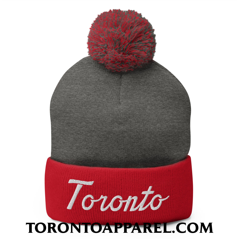 Toronto Classic Sports Script Embroidered Pom Pom Knit Beanie - Dark Heather Grey/ Red - Toronto Apparel