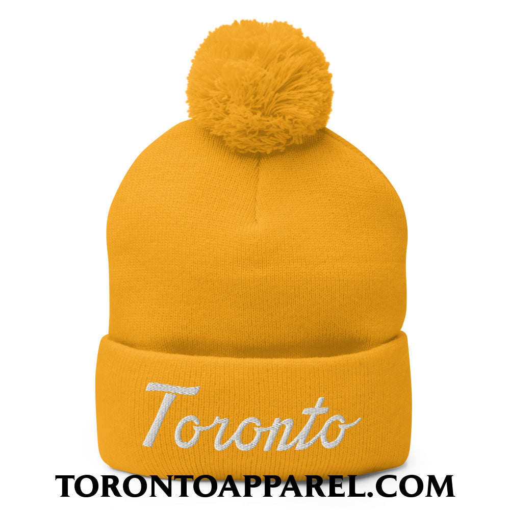 Toronto Classic Sports Script Embroidered Pom Pom Knit Beanie - Gold - Toronto Apparel