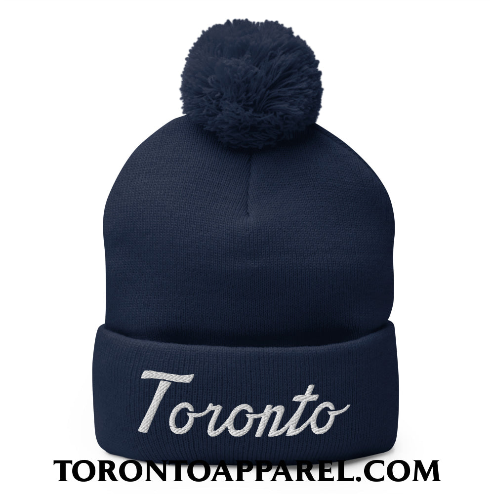 Toronto Classic Sports Script Embroidered Pom Pom Knit Beanie - Navy - Toronto Apparel