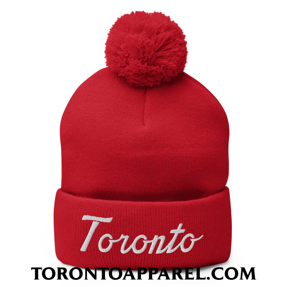 Toronto Classic Sports Script Embroidered Pom Pom Knit Beanie - Red - Toronto Apparel