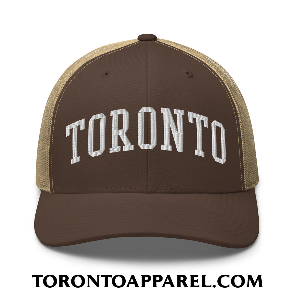 Toronto College Varisty Arch Block Embroidered Mesh Trucker Hat - Brown/ Khaki - Toronto Apparel