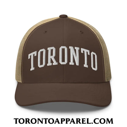 Toronto College Varisty Arch Block Embroidered Mesh Trucker Hat - Brown/ Khaki - Toronto Apparel