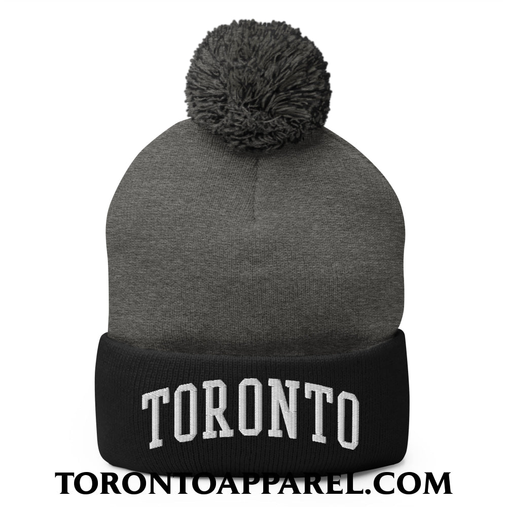 Toronto College Varisty Arch Block Embroidered Pom Pom Knit Beanie - Dark Heather Grey/ Black - Toronto Apparel