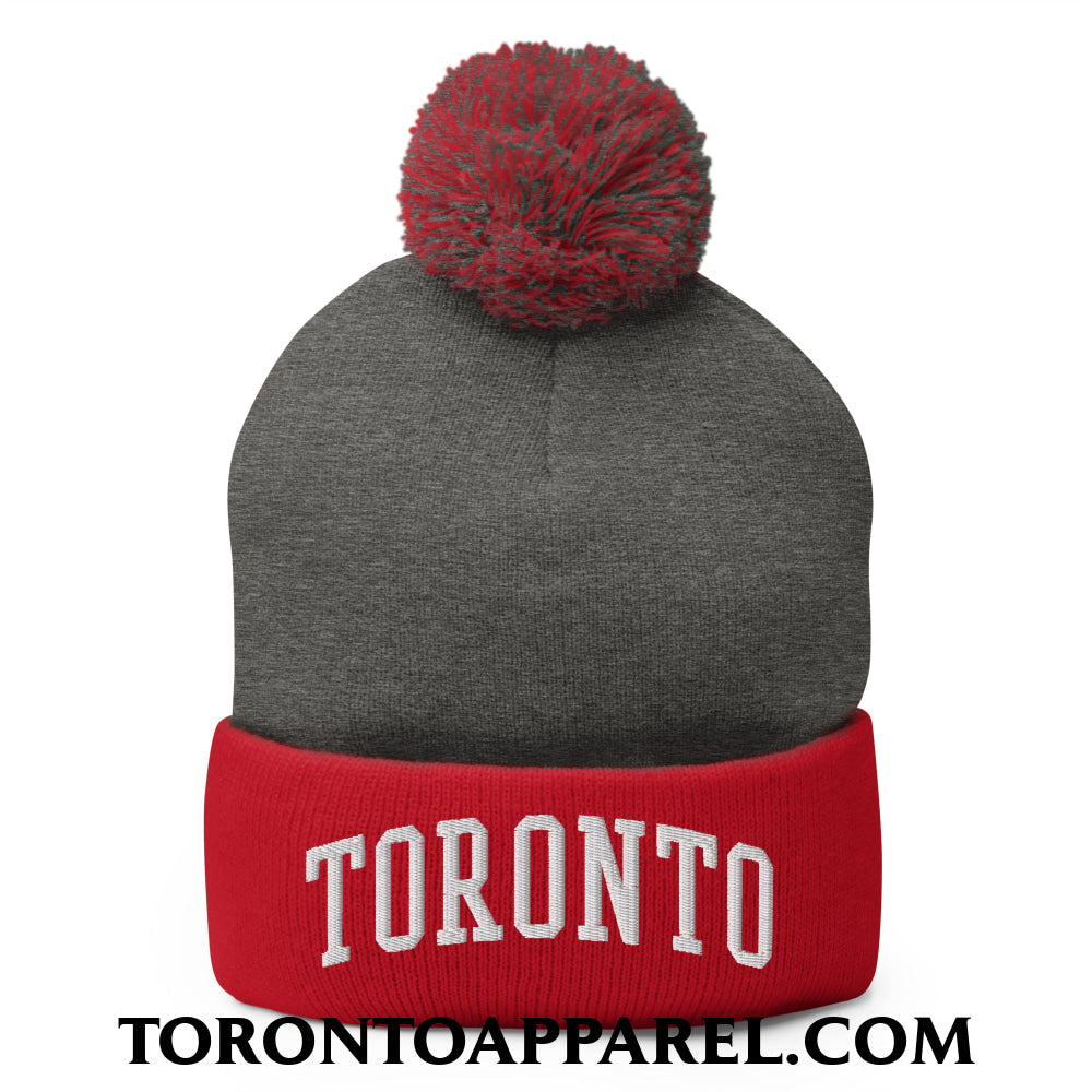 Toronto College Varisty Arch Block Embroidered Pom Pom Knit Beanie - Dark Heather Grey/ Red - Toronto Apparel