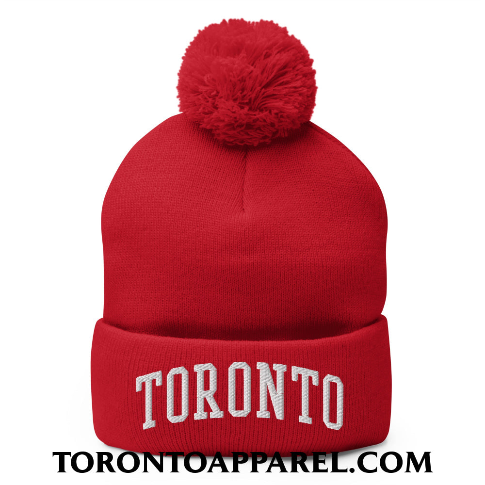Toronto College Varisty Arch Block Embroidered Pom Pom Knit Beanie - Red - Toronto Apparel