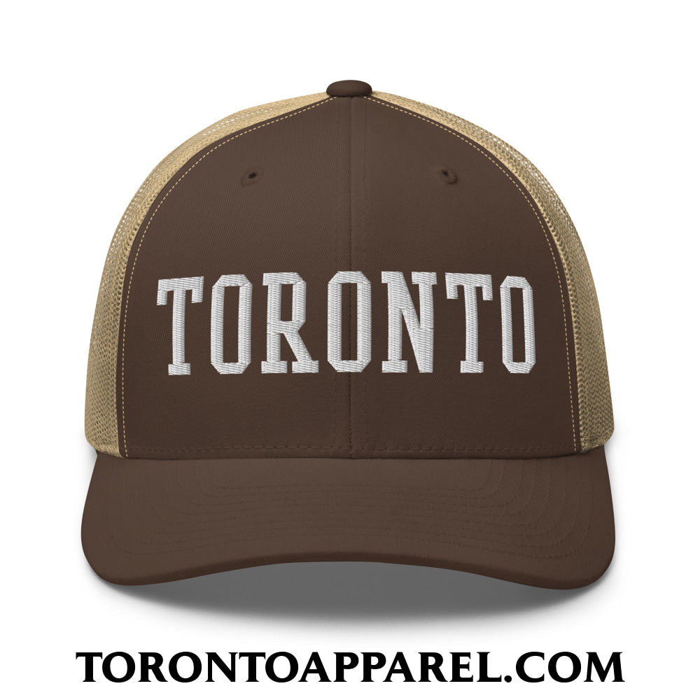 Toronto College Varsity Block Embroidered Mesh Trucker Hat - Brown/ Khaki - Toronto Apparel