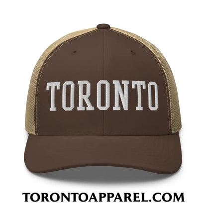 Toronto College Varsity Block Embroidered Mesh Trucker Hat - Brown/ Khaki - Toronto Apparel