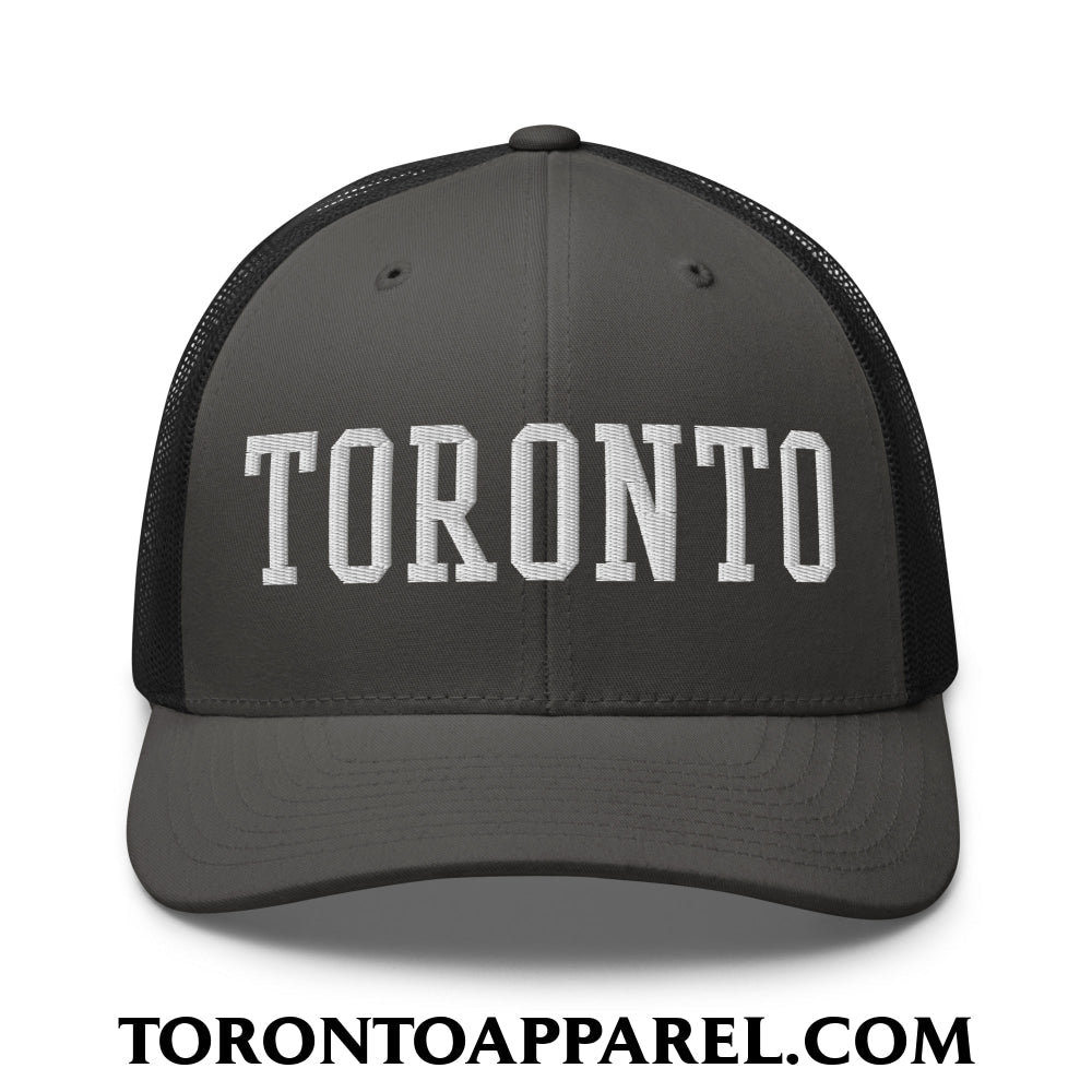 Toronto College Varsity Block Embroidered Mesh Trucker Hat - Charcoal/ Black - Toronto Apparel