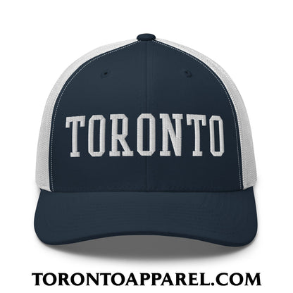 Toronto College Varsity Block Embroidered Mesh Trucker Hat - Navy/ White - Toronto Apparel