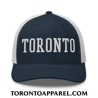 Toronto College Varsity Block Embroidered Mesh Trucker Hat - Navy/ White - Toronto Apparel