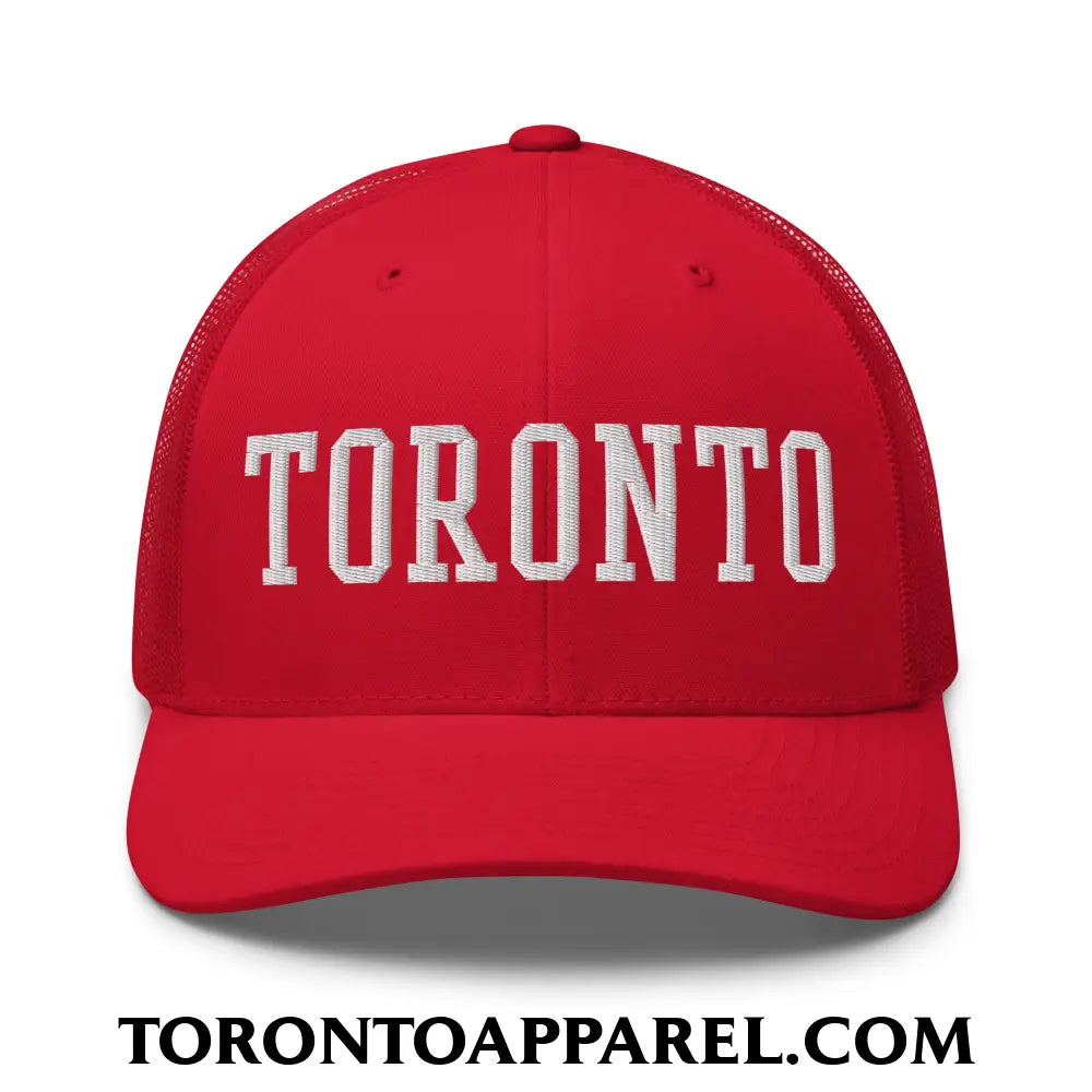 Toronto College Varsity Block Embroidered Mesh Trucker Hat - Red - Toronto Apparel