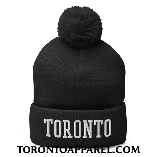 Toronto College Varsity Block Embroidered Pom Pom Knit Beanie - Black - Toronto Apparel