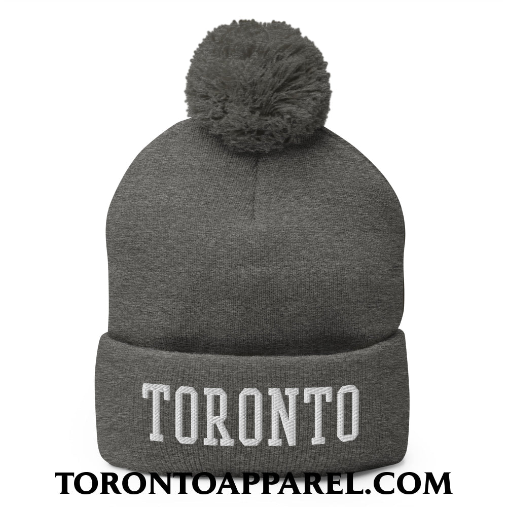 Toronto College Varsity Block Embroidered Pom Pom Knit Beanie - Dark Heather Grey - Toronto Apparel