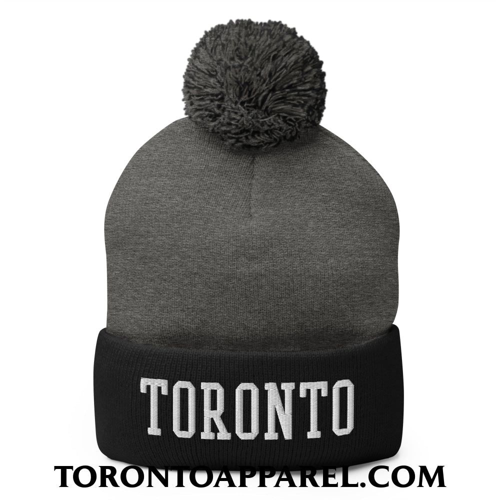 Toronto College Varsity Block Embroidered Pom Pom Knit Beanie - Dark Heather Grey/ Black - Toronto Apparel