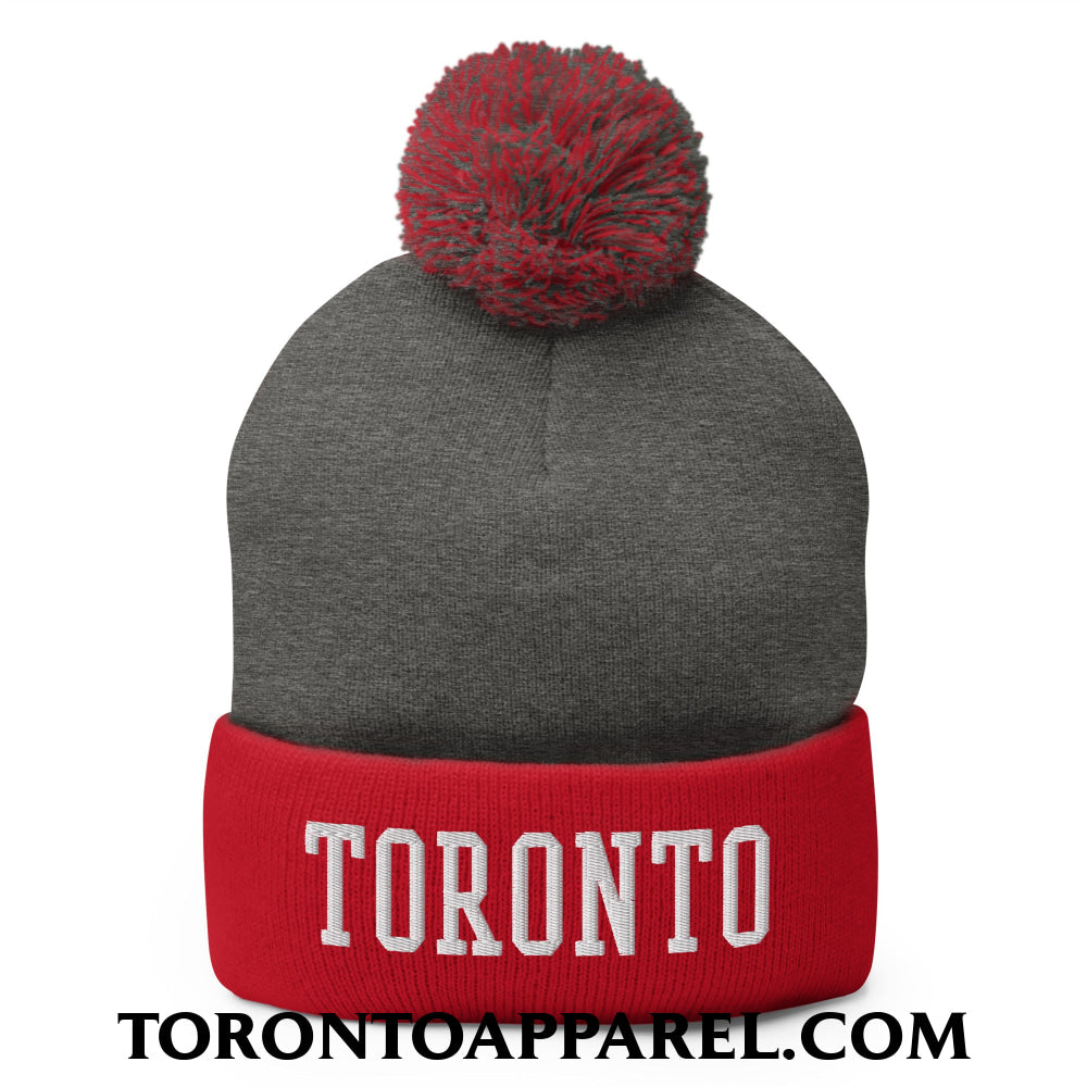 Toronto College Varsity Block Embroidered Pom Pom Knit Beanie - Dark Heather Grey/ Red - Toronto Apparel
